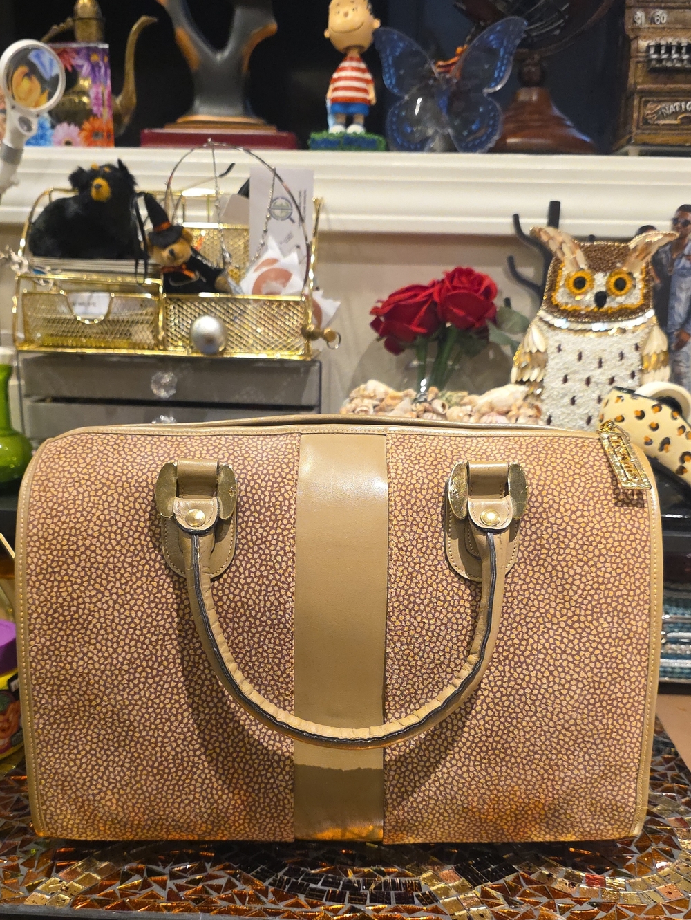 Classic Tan Dome Satchel with Center Stripe and Gold Hardware